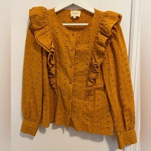 Sezane ochre/burnt orange ruffle button blouse